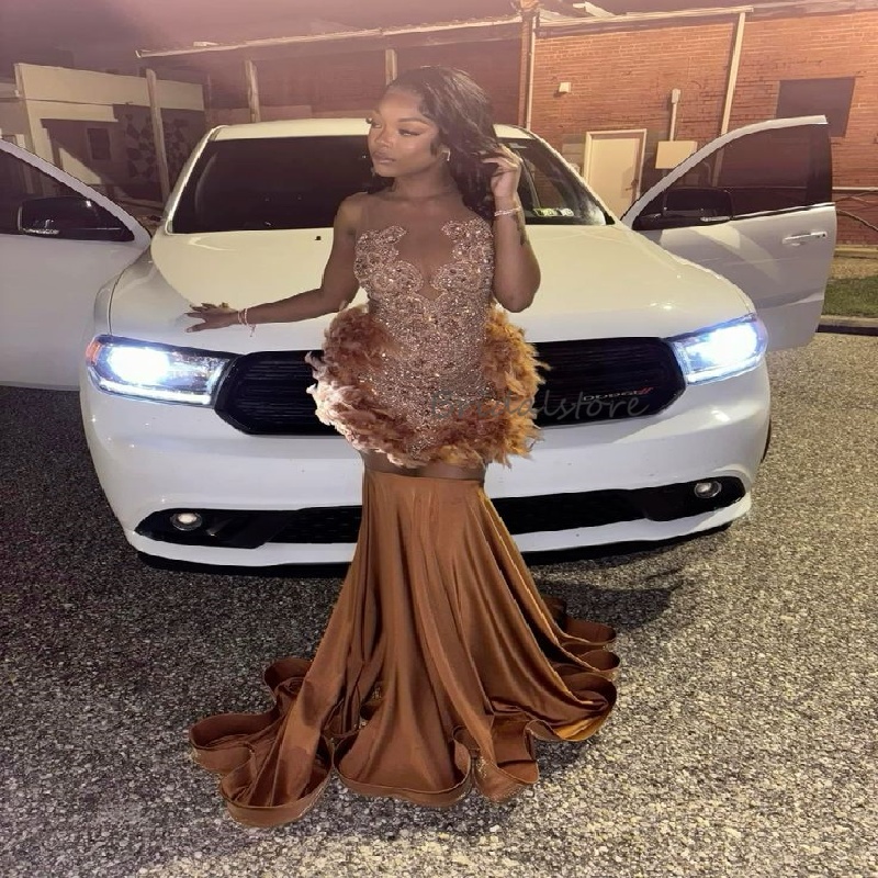 Luxurious Camel Tan Prom Dress With Feather Rhinestone Diamond Mermaid Black Women Evening Dress Backless Formal Dance Birthday Bespoke Party Gowns 20