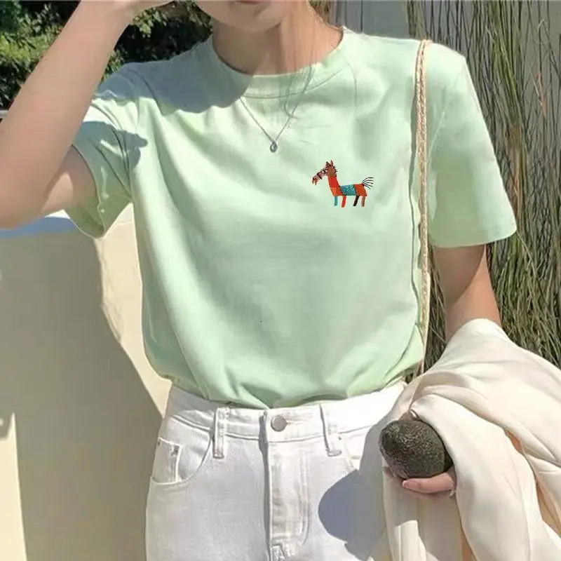 Womens loose casual solid O-neck pure cotton T-shirt summer chic cartoon embroidery short sleeved top 250321