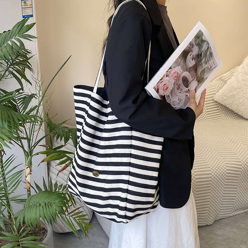 Striped canvas 2024 new Korean style ins casual single shoulder large capacity tote shopping bag