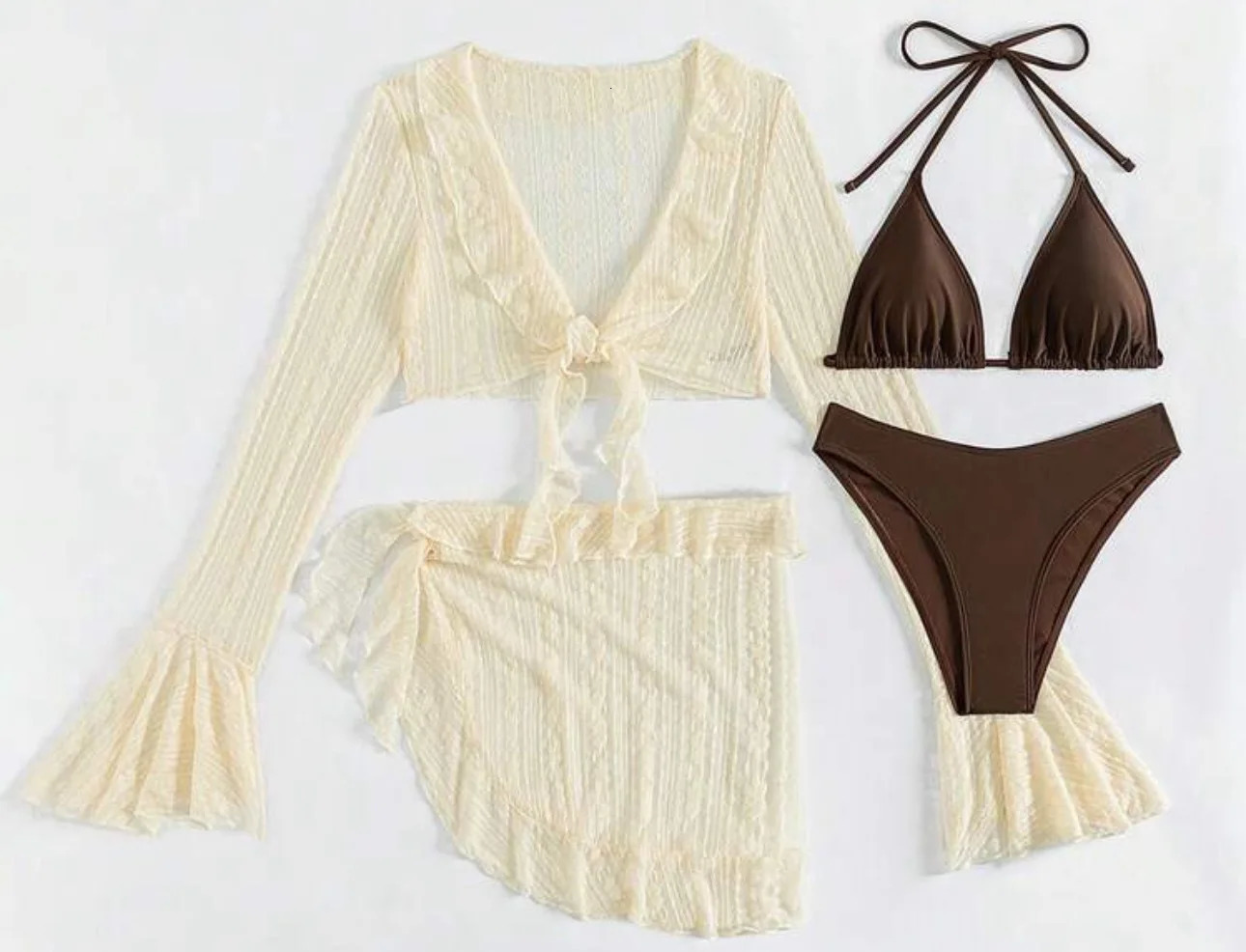 Women Solid Micro Mini String Bikini Sets 4 Pieces with Mesh Cover Tops and Skirt Swimsuit Bathing Suit Beach Outfits Biquini 250324