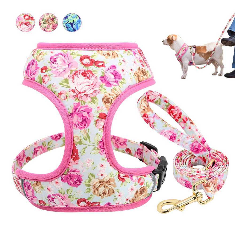 Cute printed dog harness set soft mesh pet small dog cat harness adjustable walking lead suitable for small and medium-sized dogs cats Chihuahua X2503