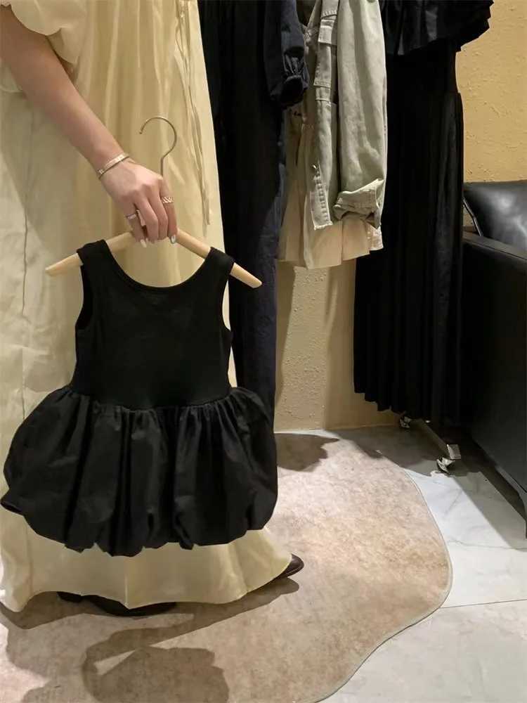Summer Preschool Girls Dress Black Sweet Cool Breeze Cross Shoulderless Par Princess Sleeveless Dress Suitable for 1-7Y Girls W250326
