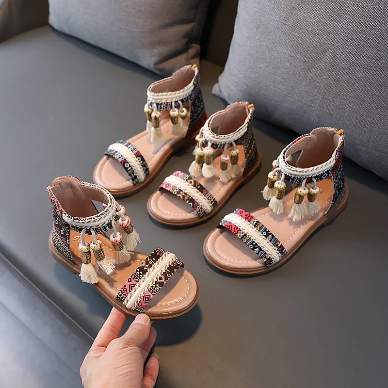 Girls Gladiator Sandals Princess Sweet Kids Beach Shoes Kids Summer Retro Ethnic Traditional Sandals with Tassels Soft Back Zip 250326