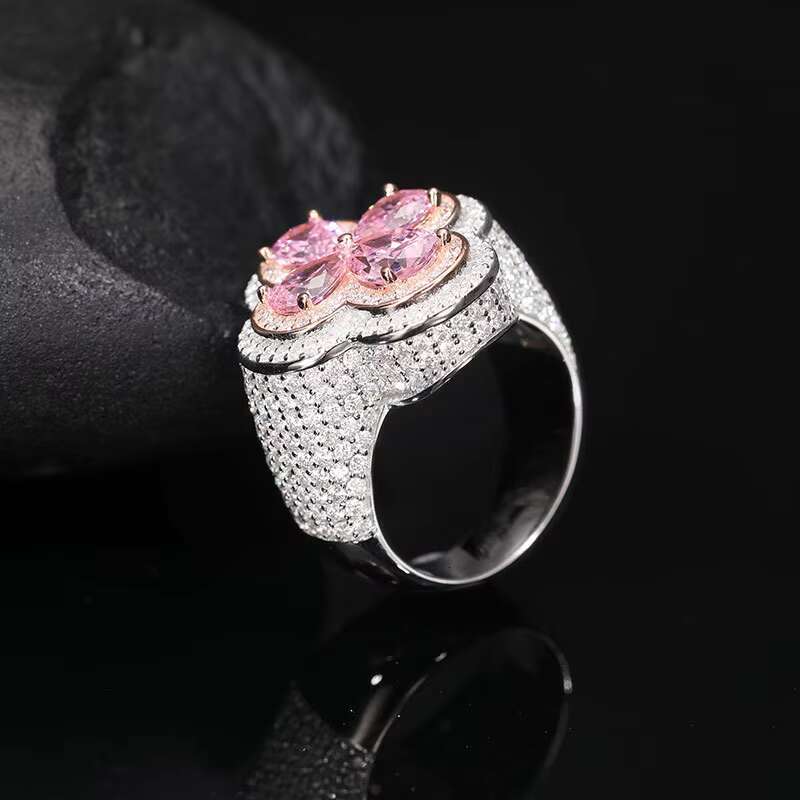 New Arrival S925 Pink Flower Moissanite Iced Out Ring High Quality Silver Moissanite Mens Ring Fine Jewelry