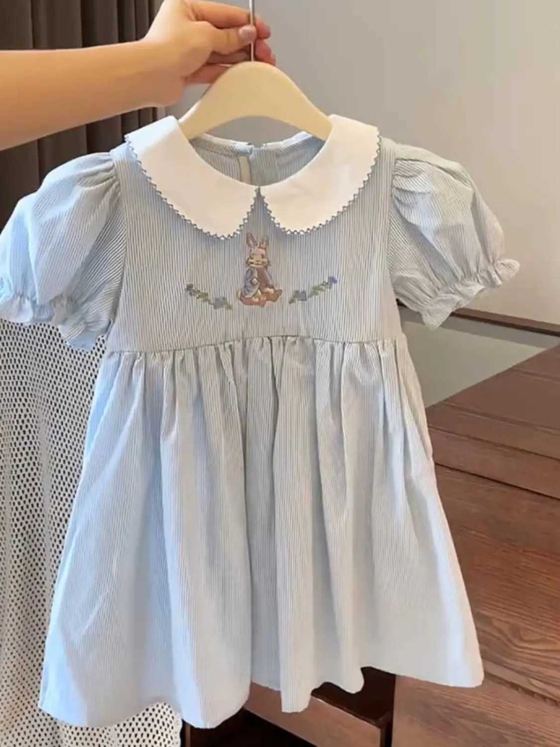 Baby girl short sleeved summer outfit new childrens bubble sleeves fashionable striped rabbit dress embroidered W250326