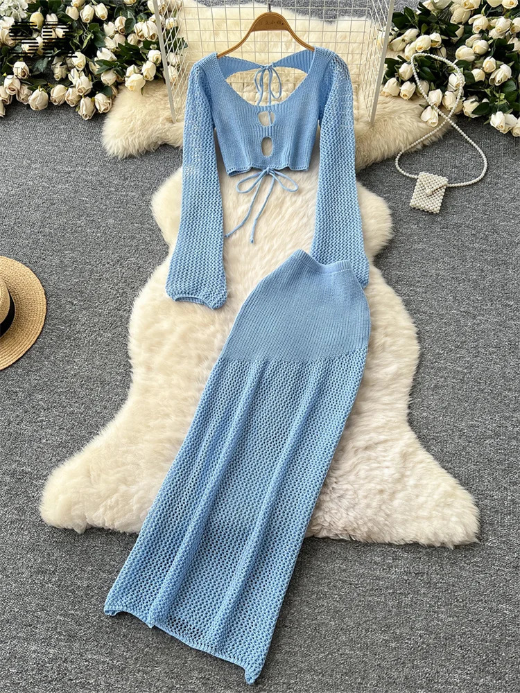 SINGREINY Backless Knitted Two Pieces Suits Women Hollow Out Lace Up Long Sleeve Mini TopsBodycon Skirt Sexy Summer 2pcs Set 250324