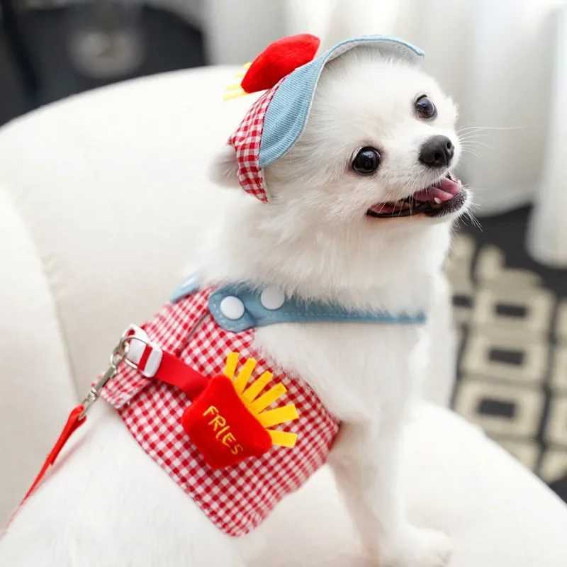 1 set of Fries Pet Harness drawstring Pet steel wire rope cute hat three piece puppy costume outdoor drawstring X250326