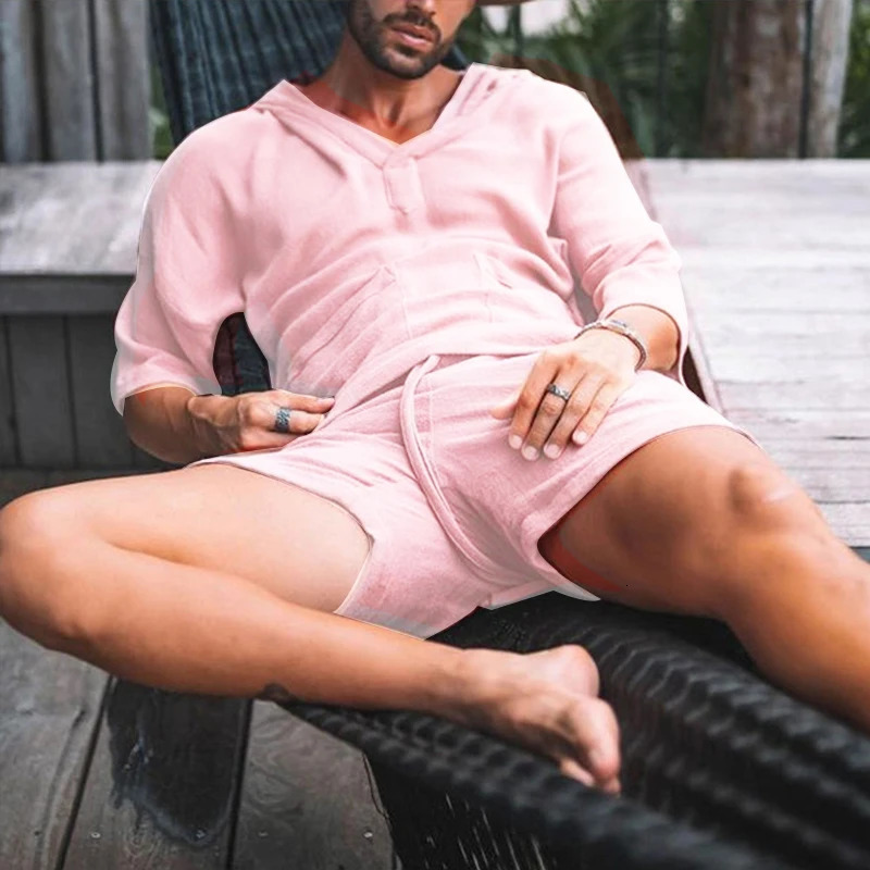 2pcsset Men Summer Cotton Linen Shirt Set Loose Casual Tops Shorts Suit Short Sleeve Pajamas Comfy Breathable Beach Shorts 250324