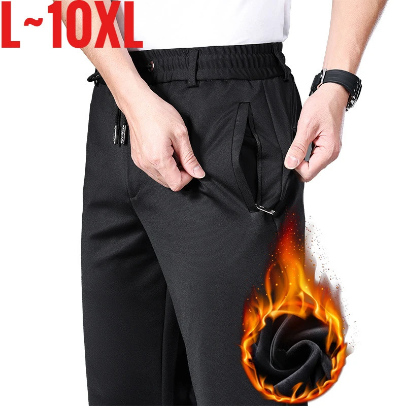 Large 10XL mens winter pants wool lining elastic waist Strtch Trouser thick warm straight workwear large size 250326