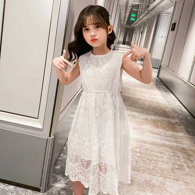 Summer 2025 Youth and Childrens Girls Clothing Flower Net Princess White Dress Sleeveless Shoulders 5 6 7 8 9 10 11 12 Years Old W250326