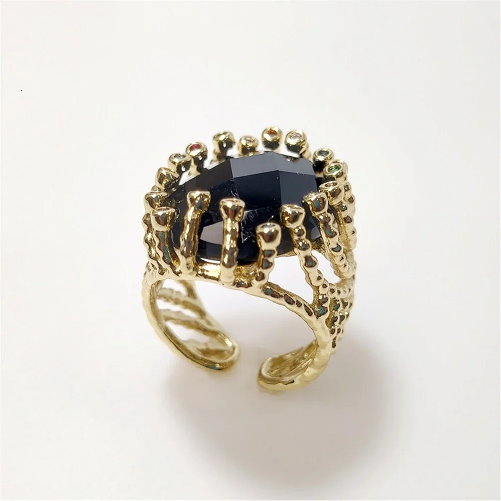 FUWO wholesale 5pcs natural obsidian ring gold/silver plated colored zircon crystal ring suitable for womens jewelry RG057O 250322