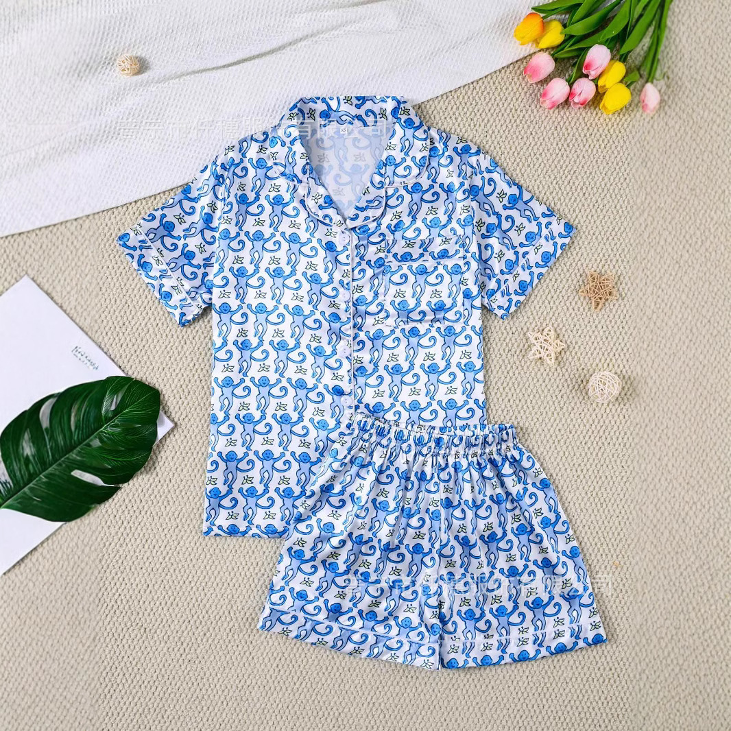 Children's cartoon animal monkey print South Korean silk sleepwear set with short sleeves and elastic waisted home clothes