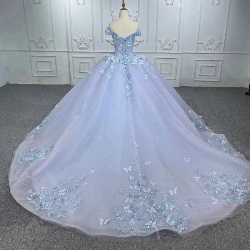 Light Lavender Sweetheart Quinceanera Dresses Sweet Off the Shoulder Beads Appliques Bow Sky Blue Lining Sweet 16 Year Old Girl Princess Birthday Part