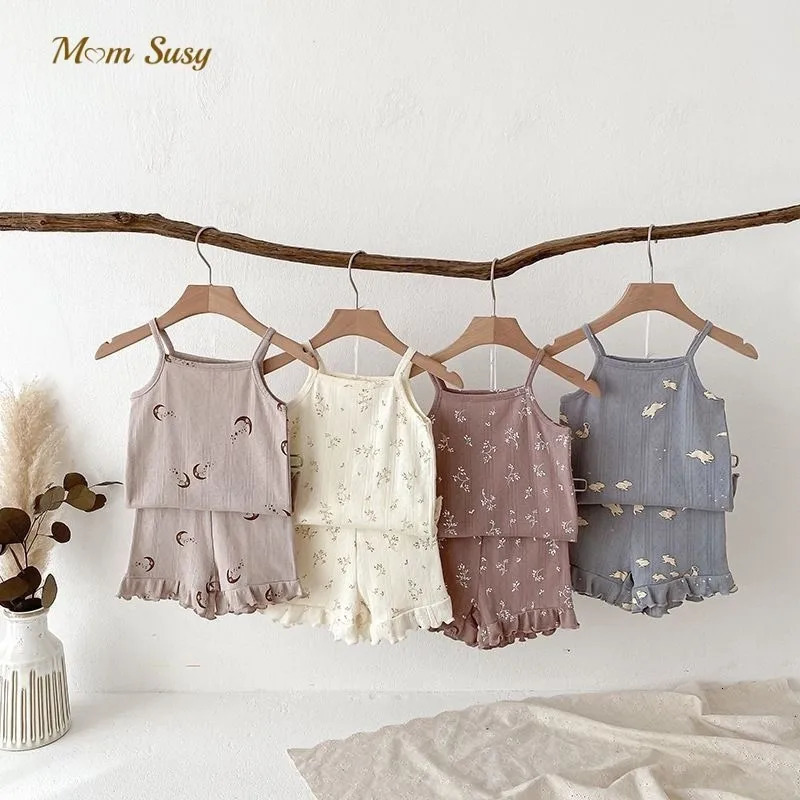 Fashion Baby Girl Cotton Floral Print Clothes Set Strap VestShorts 2PCS Infant Toddler Child Summer Homesuit Baby Clothes 1-10Y 250326