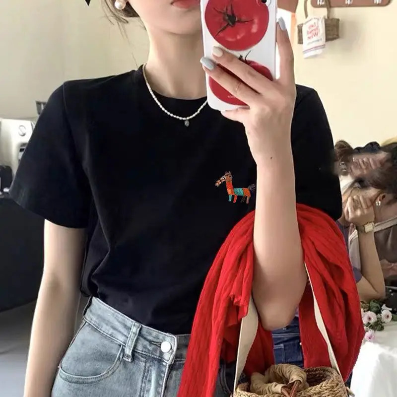 Womens loose casual solid O-neck pure cotton T-shirt summer chic cartoon embroidery short sleeved top 250321