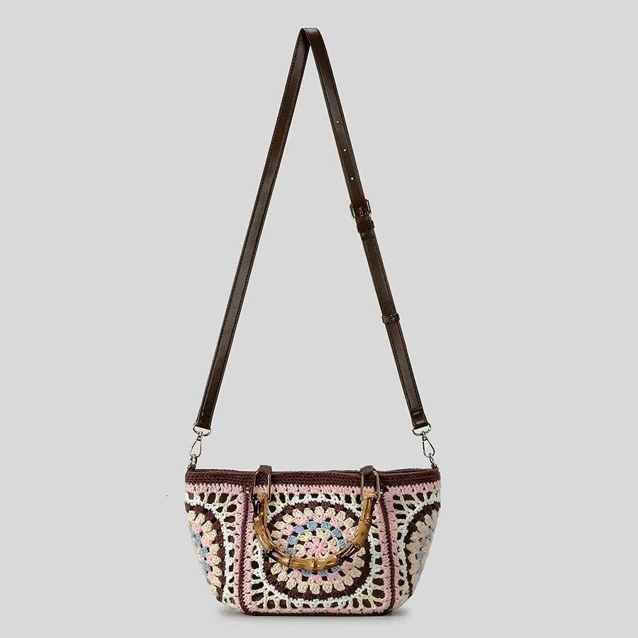 Lady Bamboo Shoulder Handmade Crochet Woven Bag Fabric Strip Designer Handbag Purses For Women Tote Bags