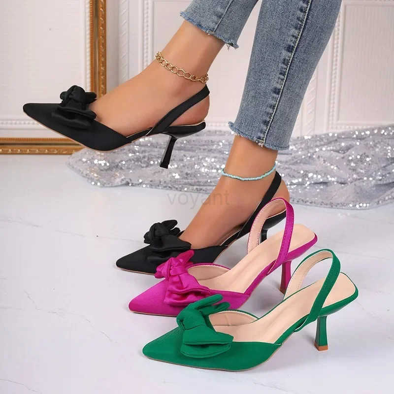 2024 Wens Shoes Summer New Sle Bow Wens Slingback High H Sexy Dress Stiletto Pointed Toe Wens High H Wen Z250326