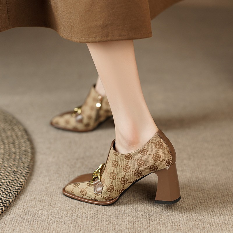 Retro square head chunky heels evening dance shoes women 2025 spring/summer new brown printed high heels outdoor buckle heels