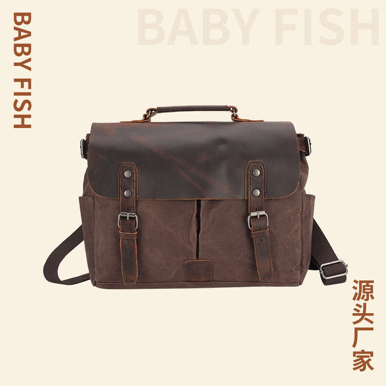 Postman Oil Wax Canvas with Crazy Horse Skin Men's Shoulder Bag briefcase