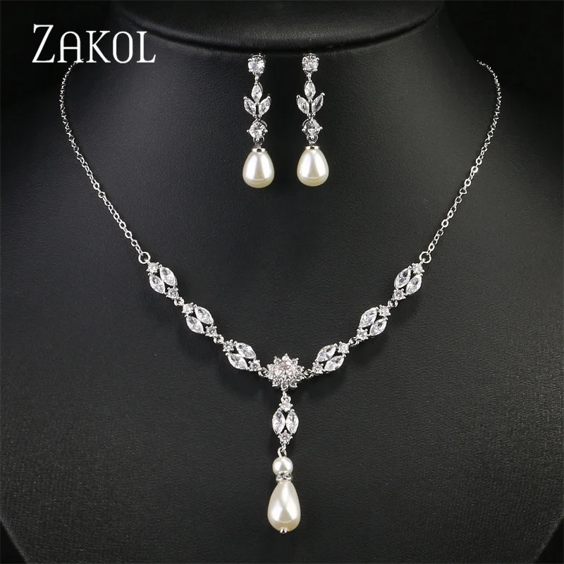 ZAKOL Pearl Bridal Jewelry Sets for Women Fashion Cubic Zirconia Earrings Necklace Set Bridal Wedding Accessories SP3367 250318
