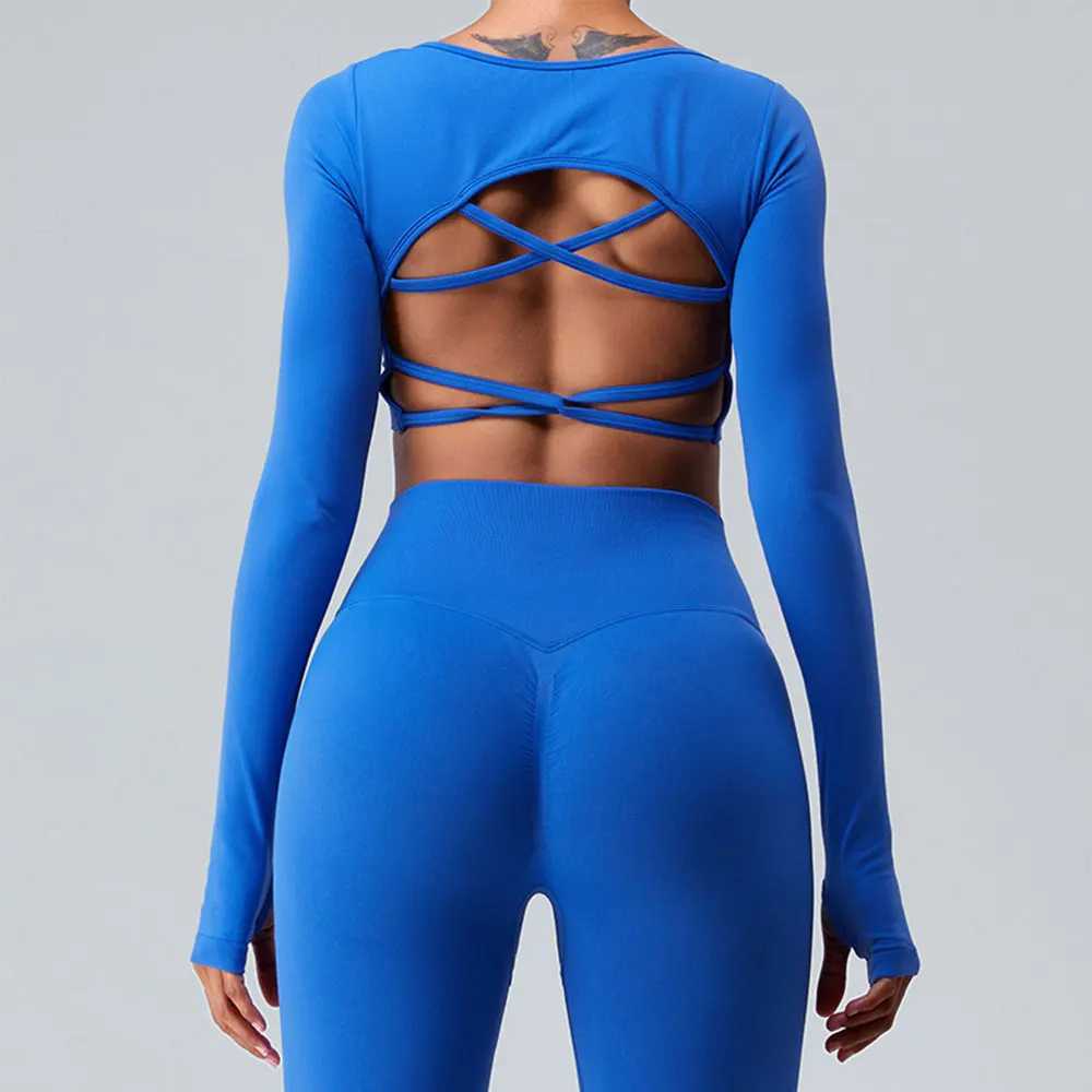 Sexy womens backless seamless cut top fitness shirt long sleeved gym exercise top womens front yoga top activity suit W250326