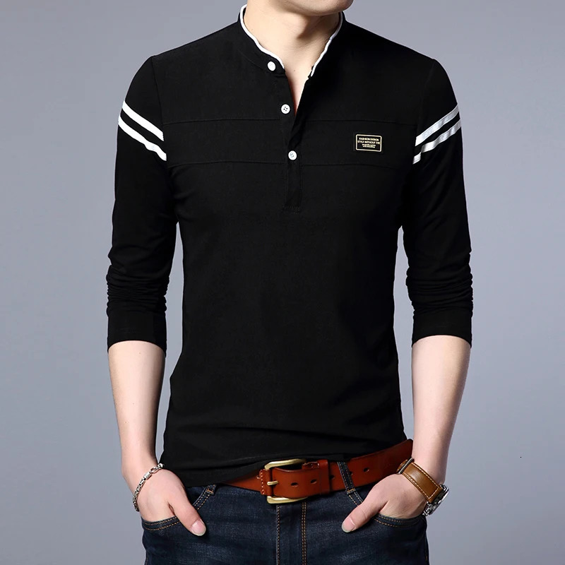 Mens fashion summer long sleeved polo Tshirt casual cotton breathable top stand collar Korean comfortable shirt 250326