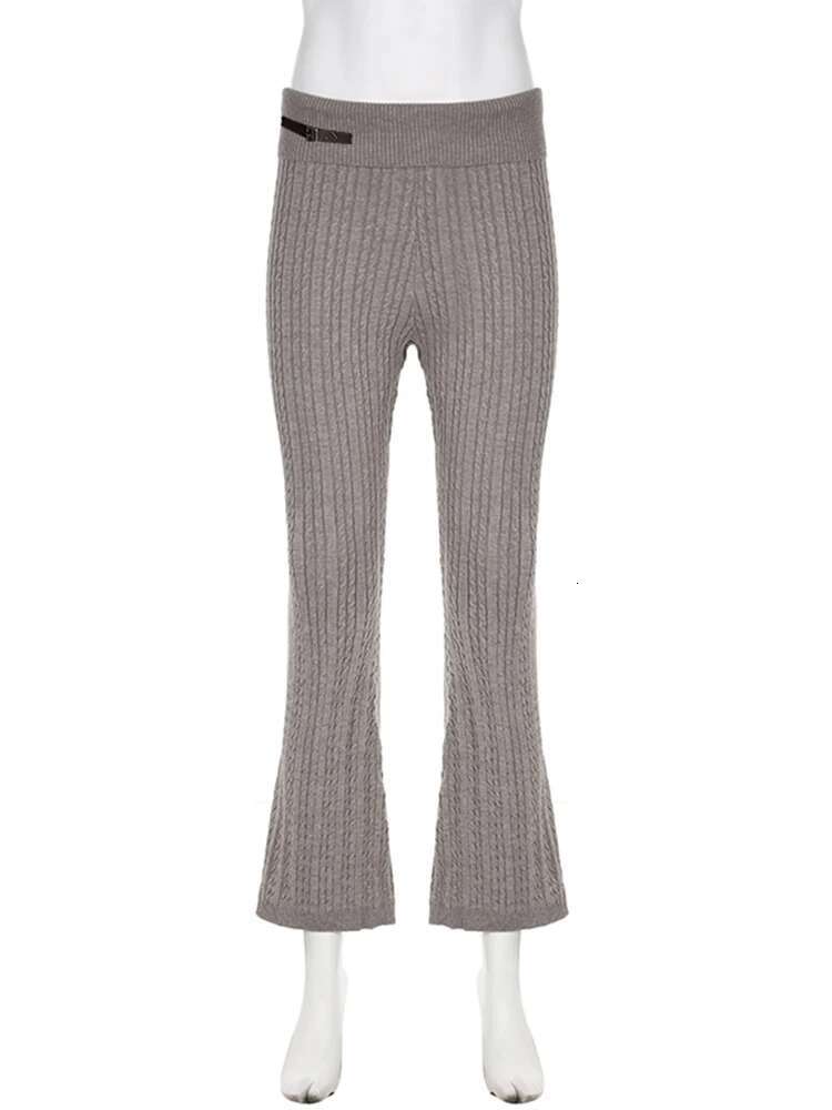 IAMSURE Casual Basic Knitted Flares Autumn Winter Slim Solid Turn-Down Waist Low-Waisted Pants Women Fashion Streetwear