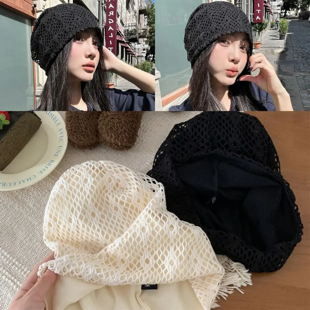 Sweet Hollow Knitted Hat Breathable Thin n Lace Hat Retro Atmosphere Cold Hat Head 250321