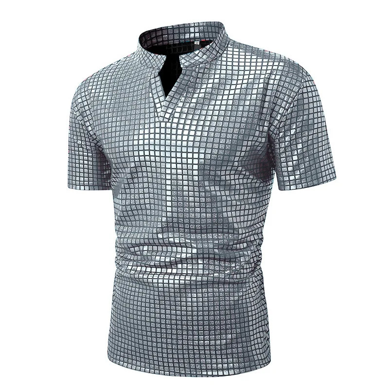 Summer mens standing neck polo shirt fashionable daily casual lightweight breathable small elastic checkered floral pattern 250326