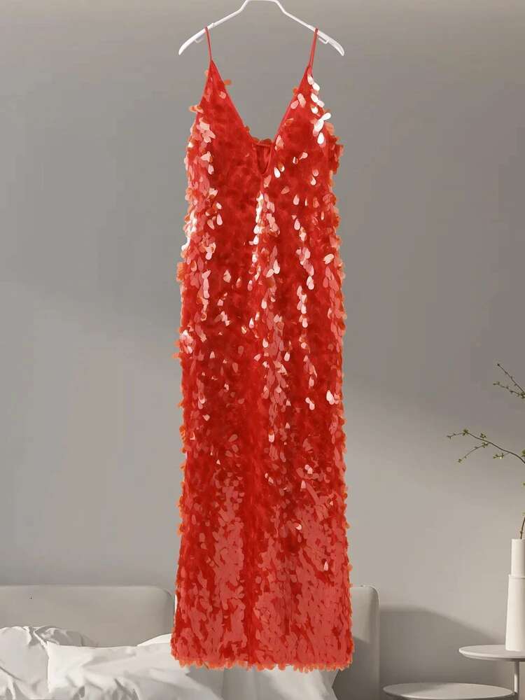 2025 Glitter Sequins Spaghetti Straps Women's Evening Dress Sleeveless Backless High Waist Or Length Lady Birthday Party Gown