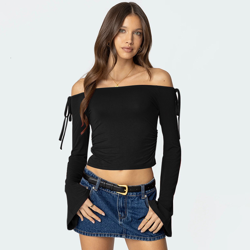 2025S Fashion Designer Q TP Women S Autumn Winter One Word Collar Bow Tie Shrink Fold Short Open Umbilical Top T Shirt
