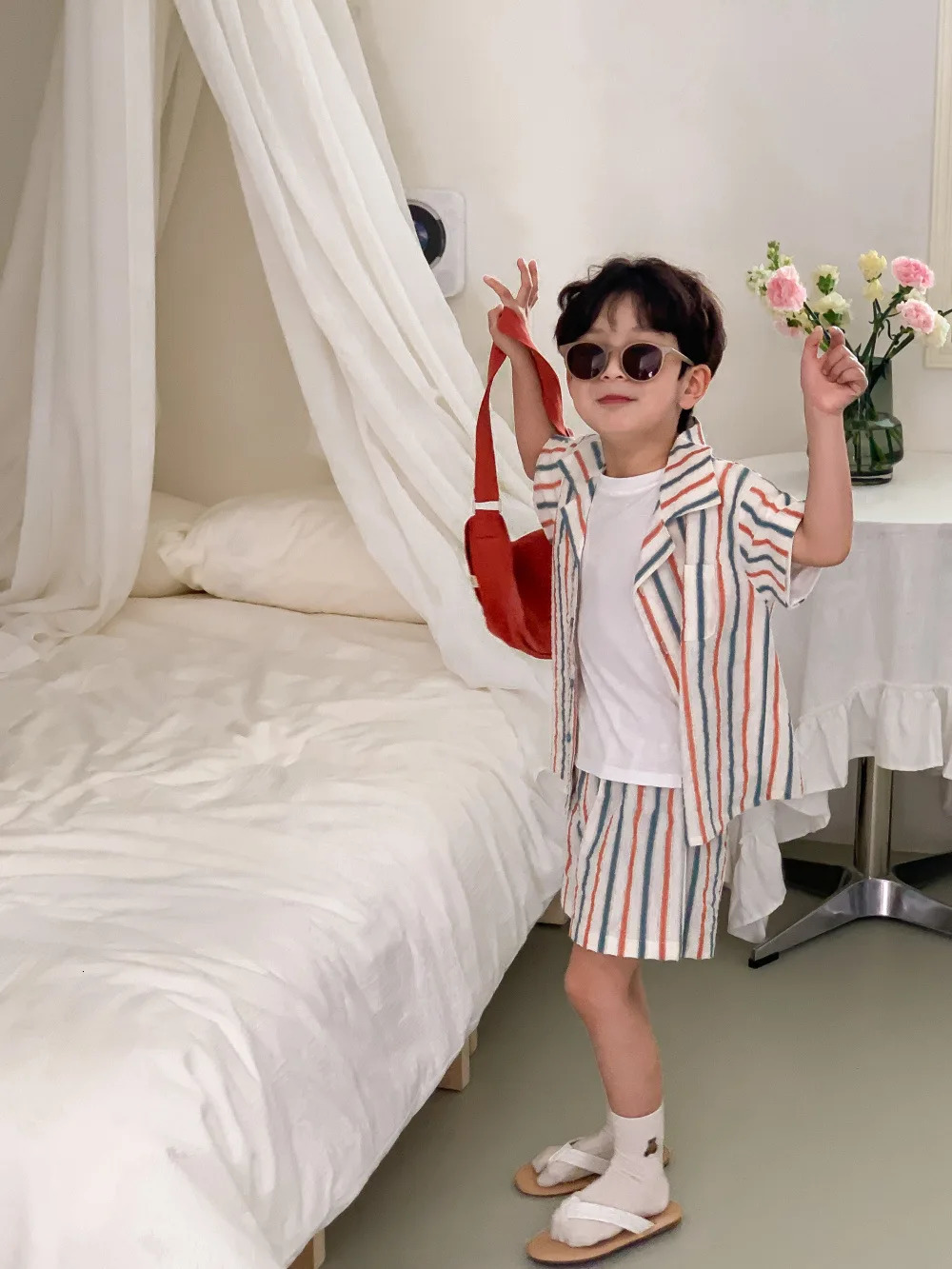 5341C Brother and Sister Clothes Summer Striped Sleeveless Girls Vest Dress Or Boys Suit Short-sleeved ShirtShort 250326