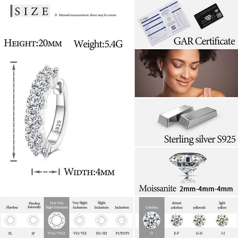 2mm-4mm D Color Moissanite Earrings For Women Sterling Silver 925 Fine Luxury Huggie Ear Clip Unisex Gift