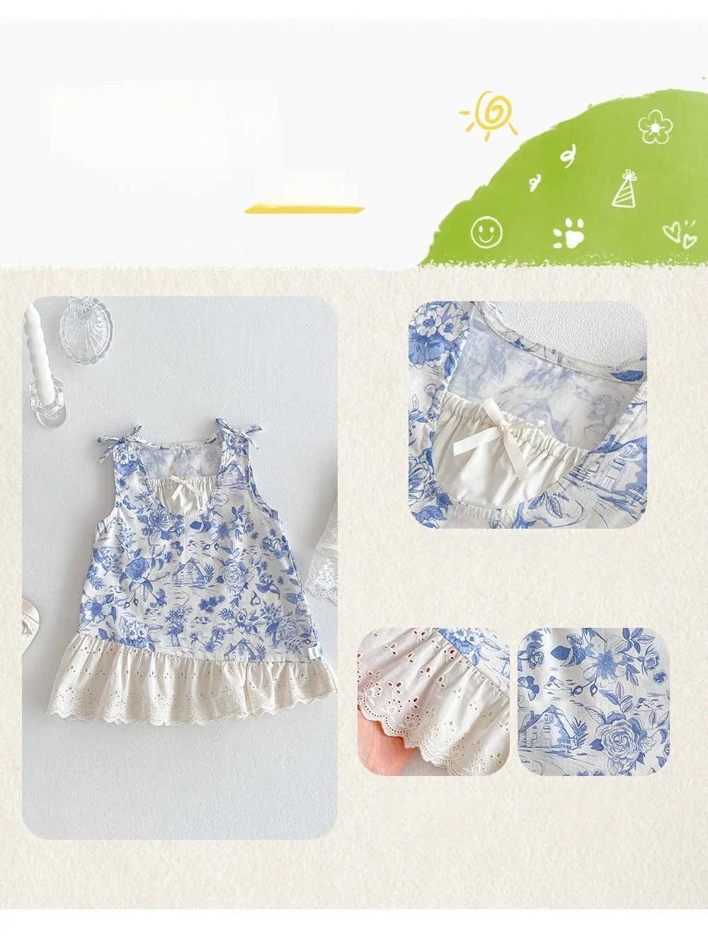 2025 New Summer Childrens Chiffon Chinese Sleeveless Princess Dress Suitable for Girls - Blue and White Jewelry Elements W250326