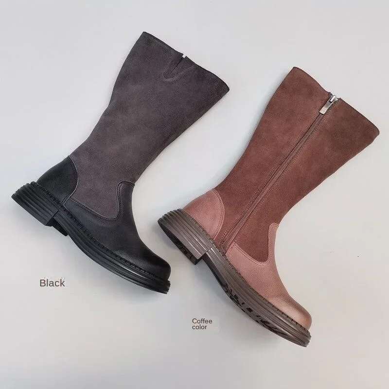 Knee High Knightly Real Genuine Leather Wide Head Women's Boots British Cowhide Fat Zipper Single Autumn Winter Shoes