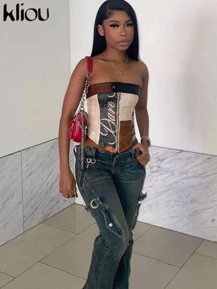 Kliou Patchwork Print Leather Zipper Crop Tops Women Sexy Wrapped Chest Botton Skinny Vest Ladies Trendy Streetwear Clothing