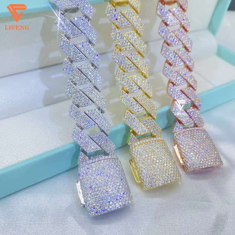 925 Sterling Silver 20mm Bust VVS Moissanite Diamond Cuban Link Chain Bracelet Gold Plated for Men-White Iced Mossanite Jewelry