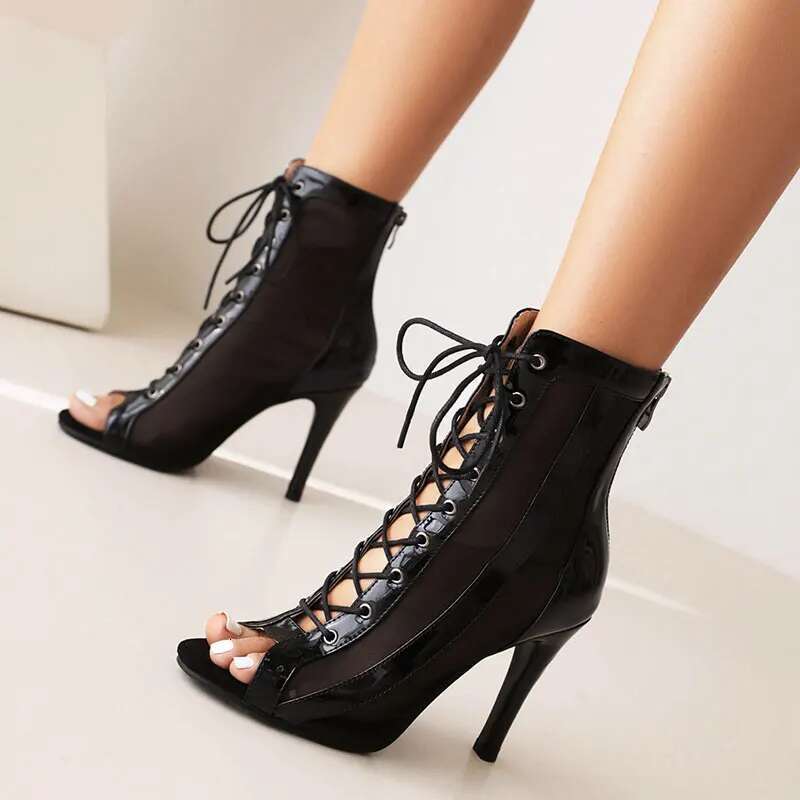 High Heel Sgesvier Lace Up Hollow Out Jazz Short Boots Breathable Mesh High Top Dance Shoes For Women Latin Dance