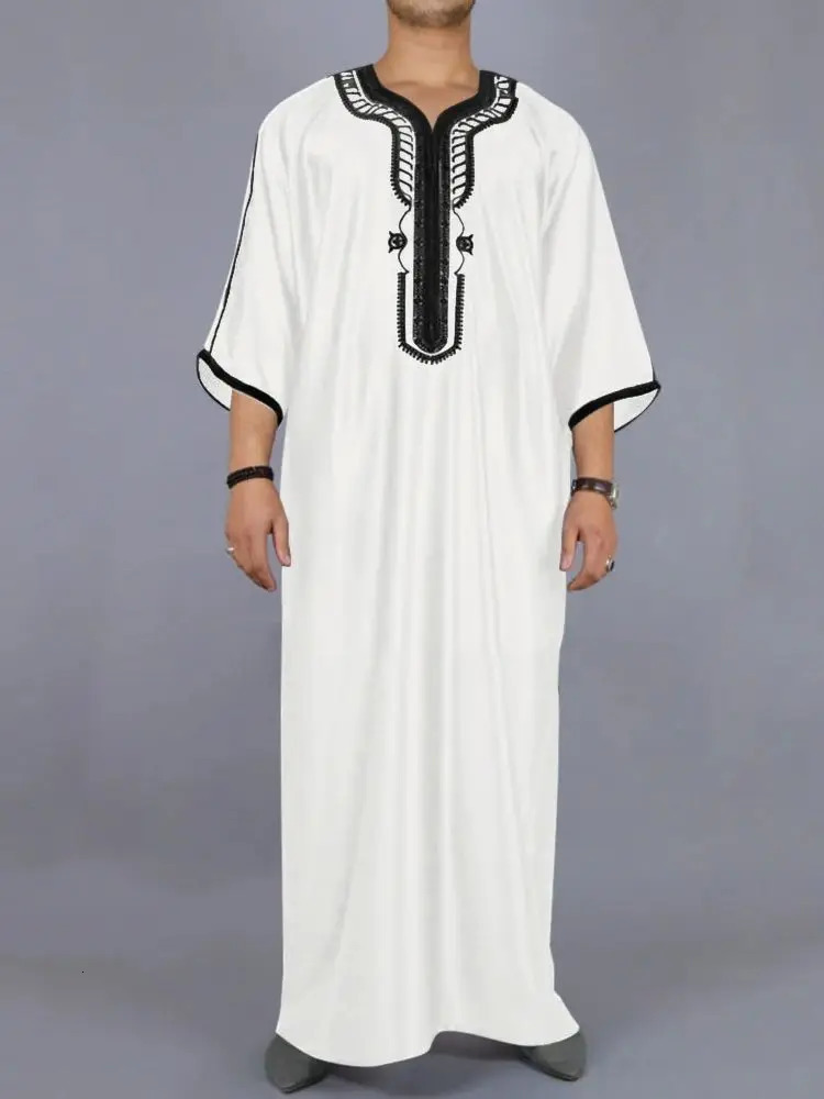Islamic Loose Abaya Mens Muslim Abaya Short Sleeve Embroidered Moroccan Arabic Style Traditional Abaya for Men 250326