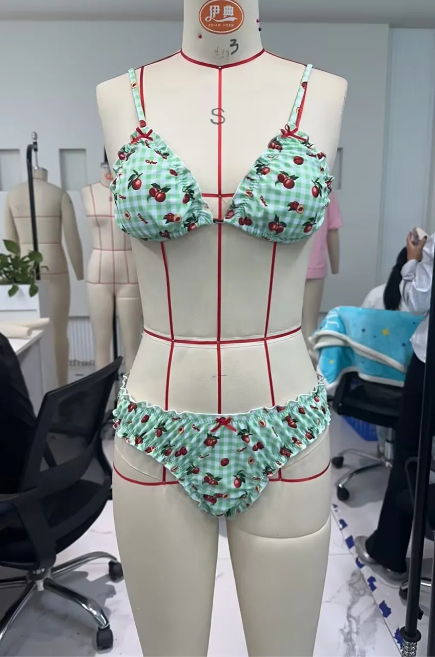hirigin Womens Summer Bikini Set Fruit Print Halter Bra with Low Waist Lettuce Edge Trim Thong 2 Pcs Swimsuit Beach Holiday 250324