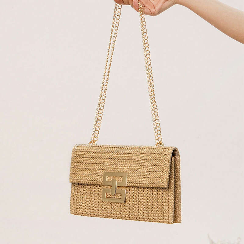 f1 2024 New Vacation Style Multi compartment Chain Flip Lock Straw Woven Single Shoulder Women's Bag