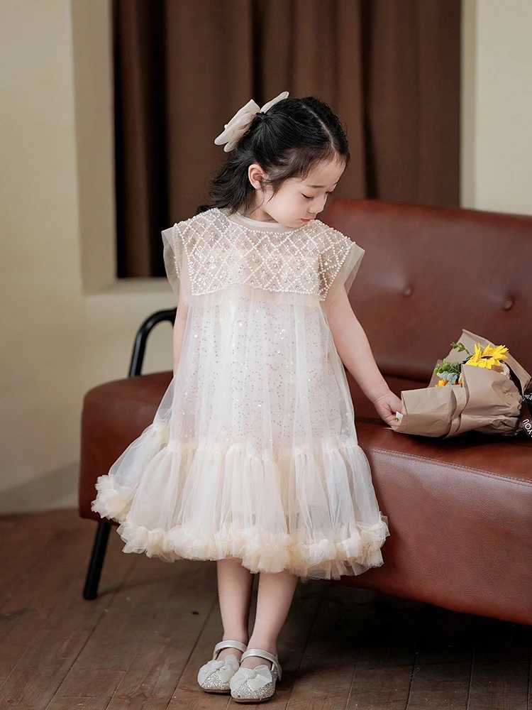 Girls Prin cess Dress Casual Spring Summer Princess Dress Childrens 2024 Wear Korean Pearl Neck Fashion Yarn wedding Dress W250326