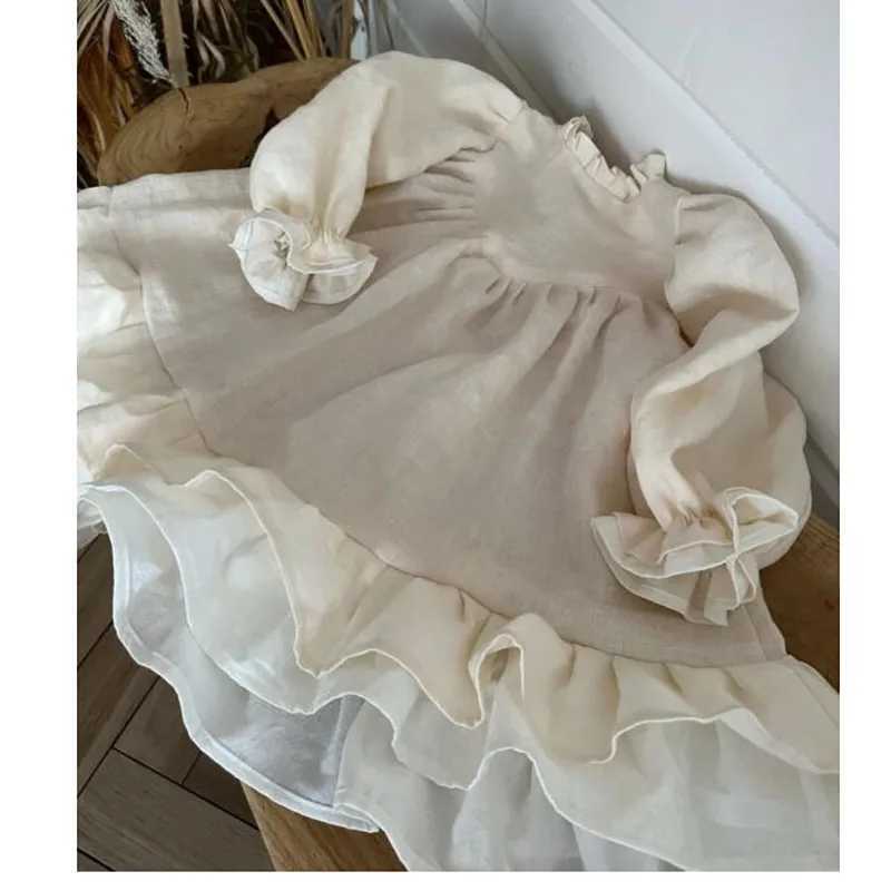 Spring Toddler Large A-line Girl Dress Linen Dress Girl Puff Sleeve Princess Childrens Clothing Patch Dress 2-7Y W250326