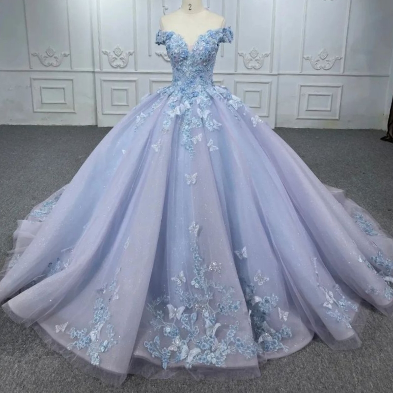 Light Lavender Sweetheart Quinceanera Dresses Sweet Off the Shoulder Beads Appliques Bow Sky Blue Lining Sweet 16 Year Old Girl Princess Birthday Part