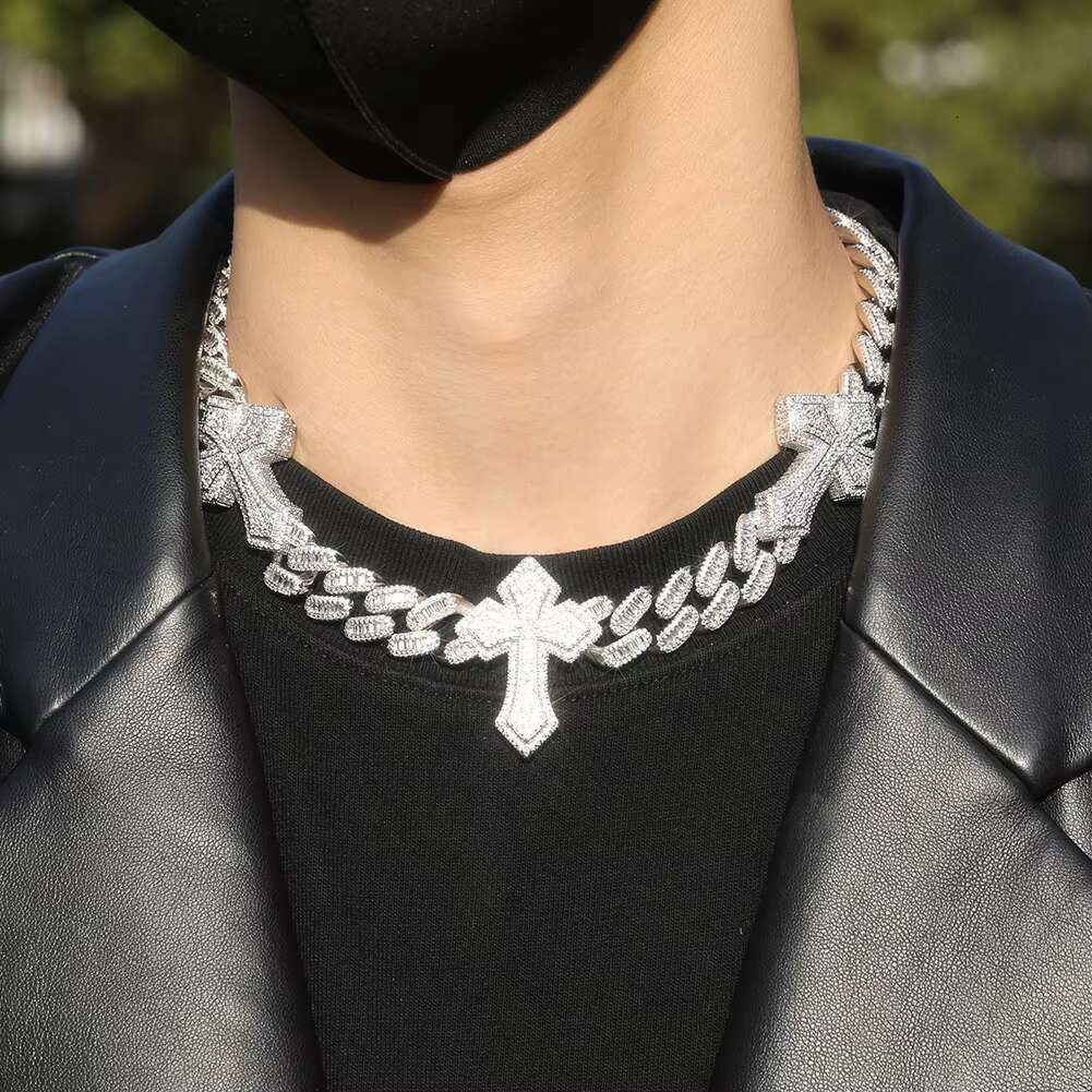 Cross With Cuban Chain 15mm Power Necklace Fashion Jewelry Necklace Two Tone Baguette Zircon Hip Hop Jewelry