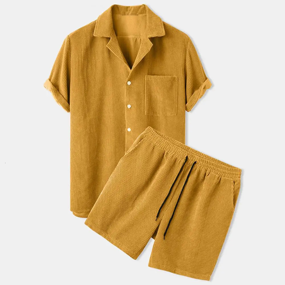 Summer mens Corduroy shorts set fashion collar short sleeved shirtsolid color shorts 2-piece set mens casual suit sportswear 250324