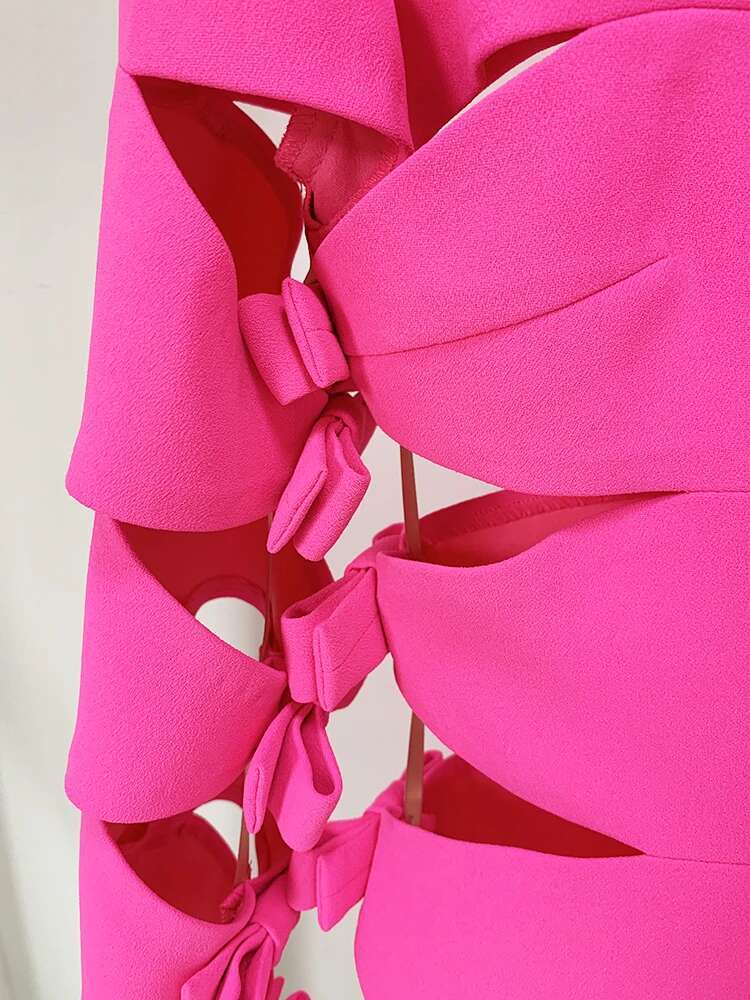 HIGH STREET Newest 2024 Designer Fashion Stylish Women's Long Sleeve Sexy Hollow Out Bow Dress Hot Pink