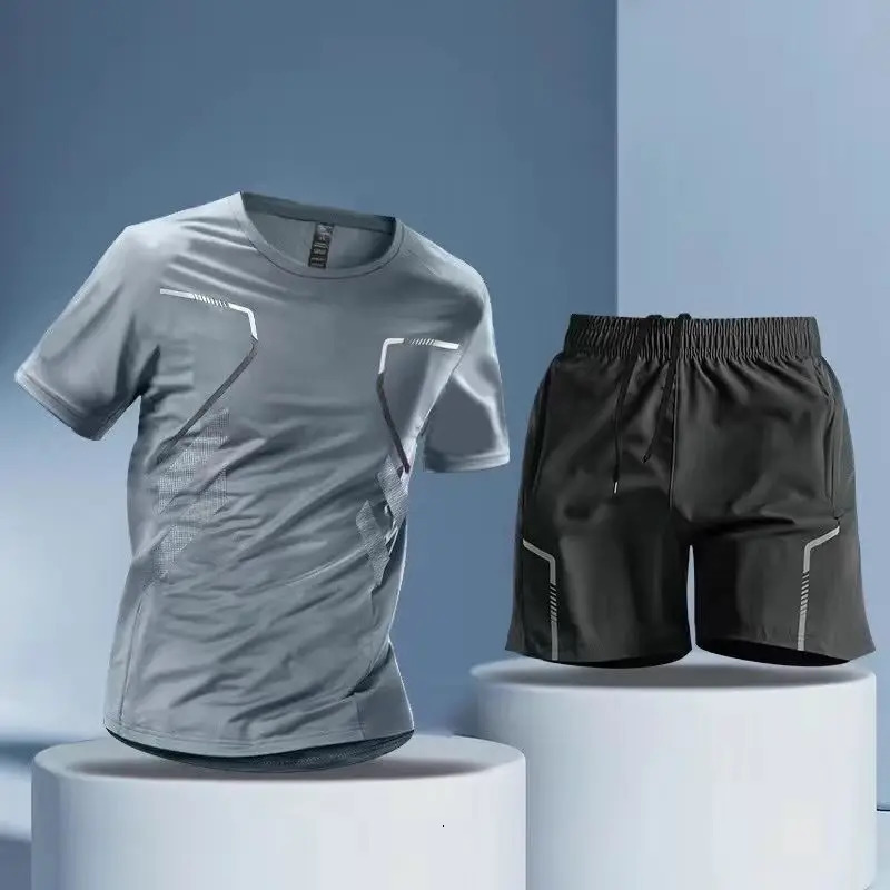 Summer thin casual ice silk sports suit mens round neck short sleeved T-shirt elastic waist sprint quick drying set 250324