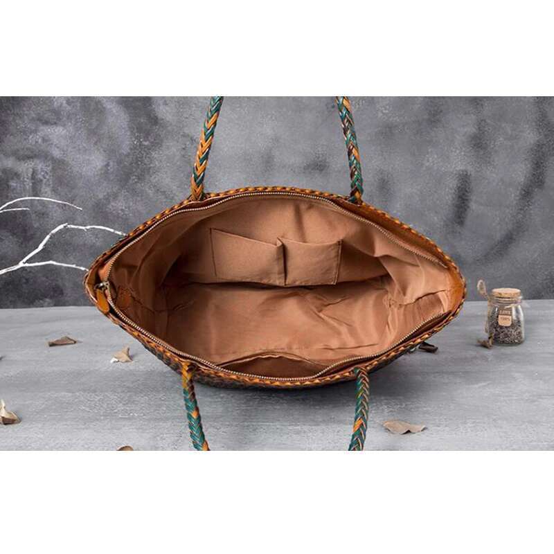 Women's Bags Women Leather Handbag Romantic Handmade Woven Totes Female Cowhide Big Holiday Bucket Bag Causal Beach Shoulder Handbags