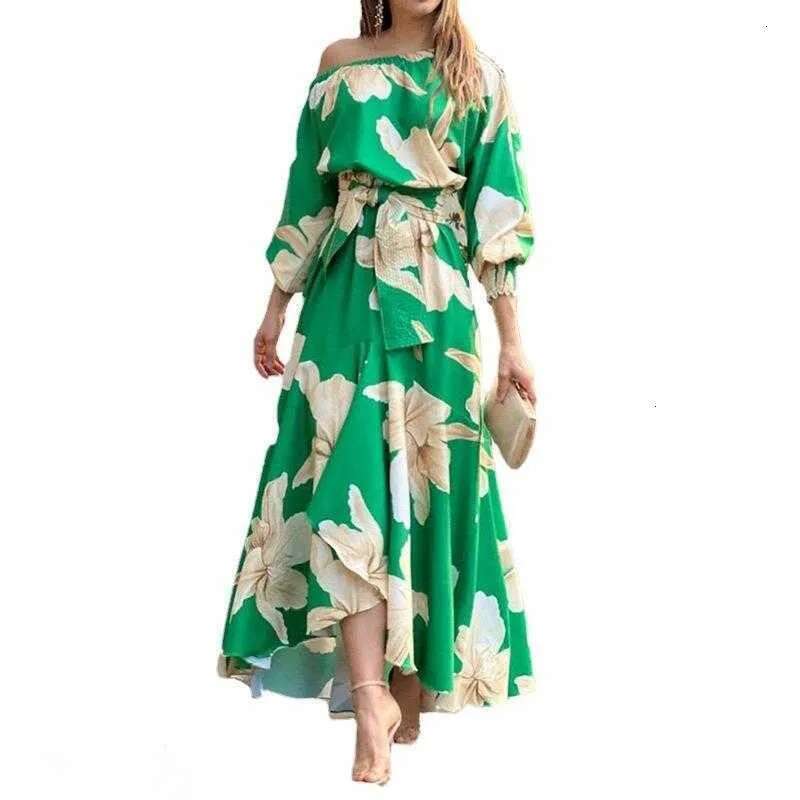 Basic Casual Dresses Woman New Elegant Skew Shoulder Long With Printed Lantern Sleeves High Waist Dress For Women